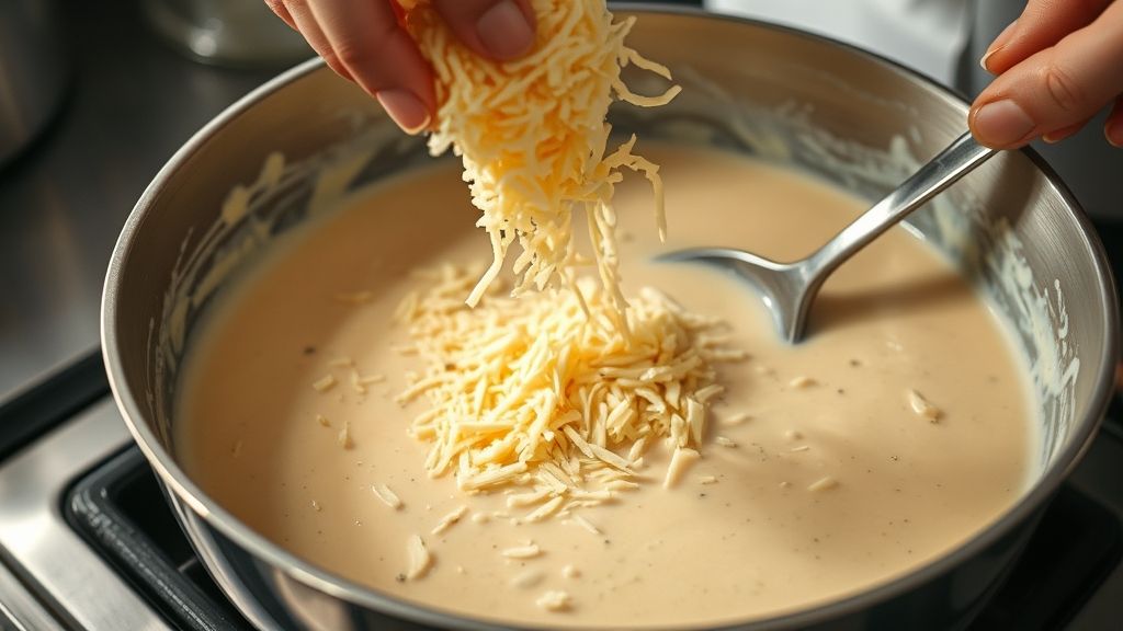 Mãos adicionando queijos ralados ao molho branco em uma panela durante o preparo