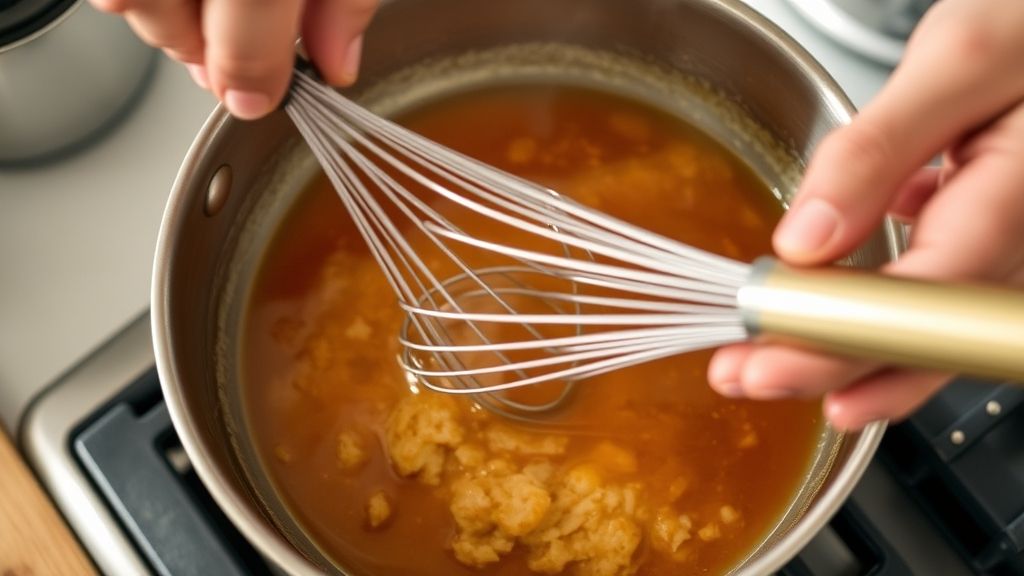 Mãos mexendo o molho na panela com fouet enquanto engrossa, mostrando a textura se formando