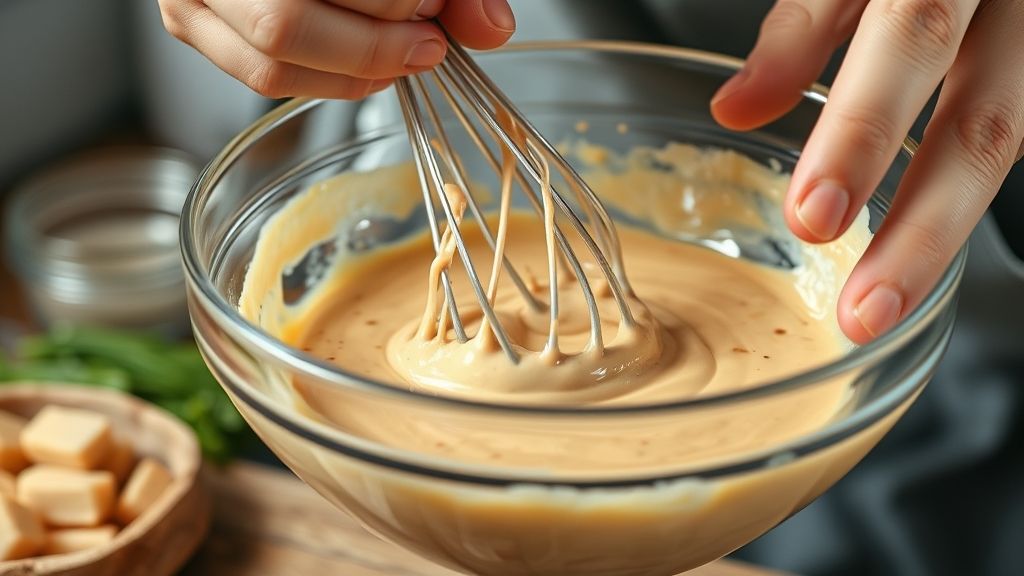 Mãos misturando o molho Big Tasty em uma tigela de vidro durante o preparo