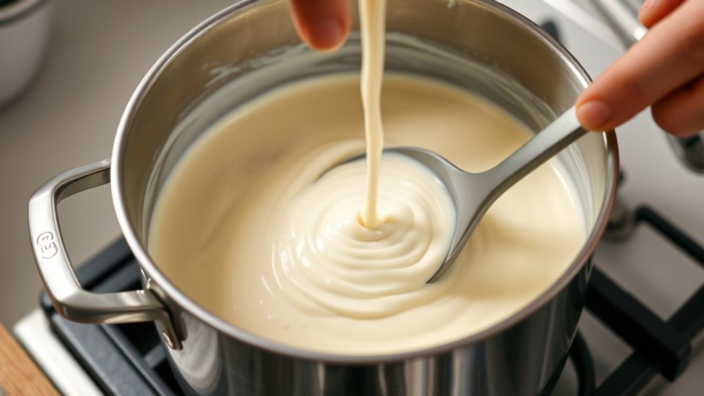 Mãos mexendo o roux em panela enquanto o leite é adicionado, formando o molho branco.