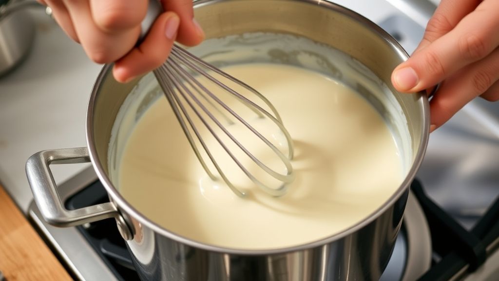 Mãos mexendo o molho branco em uma panela, incorporando o leite com fouet