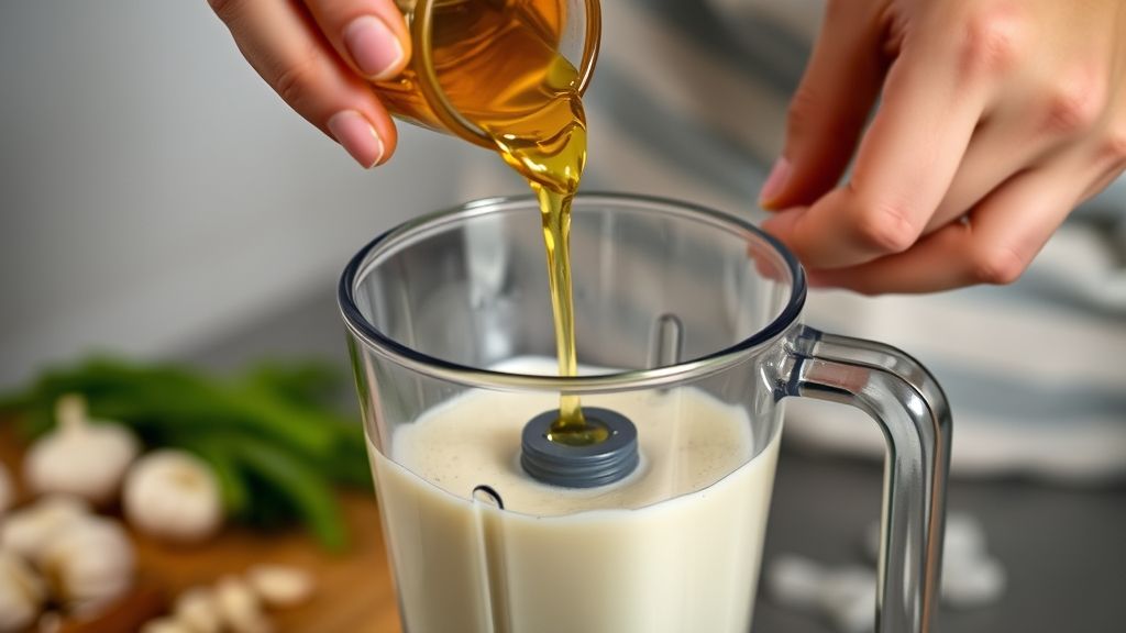 Mãos adicionando óleo em fio fino ao liquidificador com alho e leite gelado durante o preparo