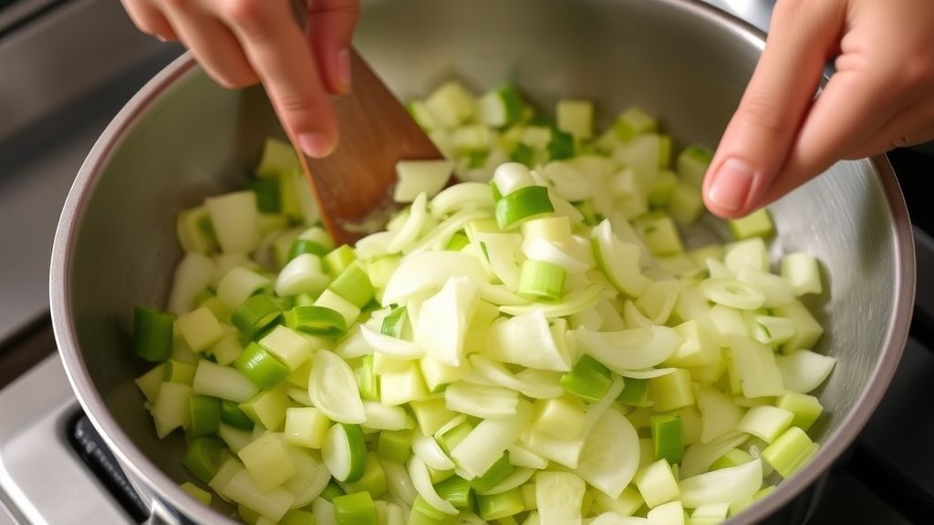 Mãos refogando rodelas de alho-poró em manteiga dourada em frigideira quente
