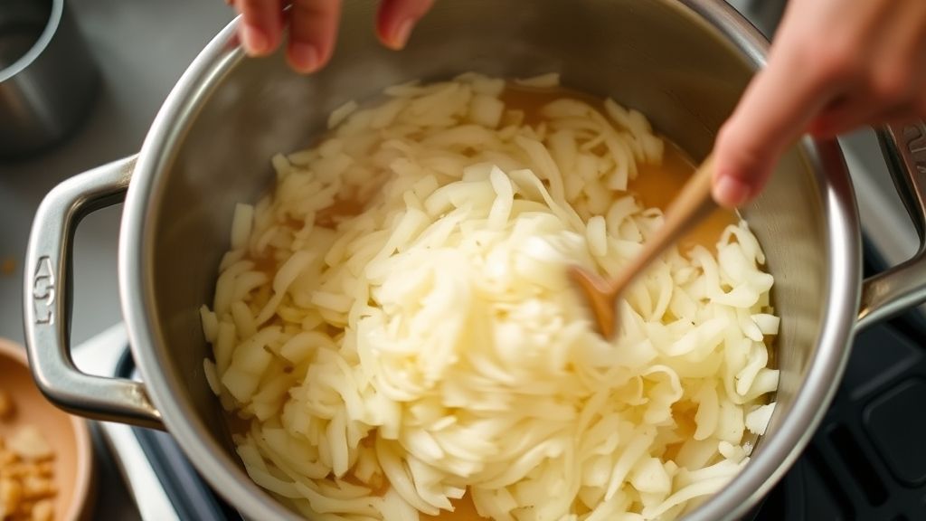 Mãos refogando cebolas e mexendo a panela durante o preparo do molho
