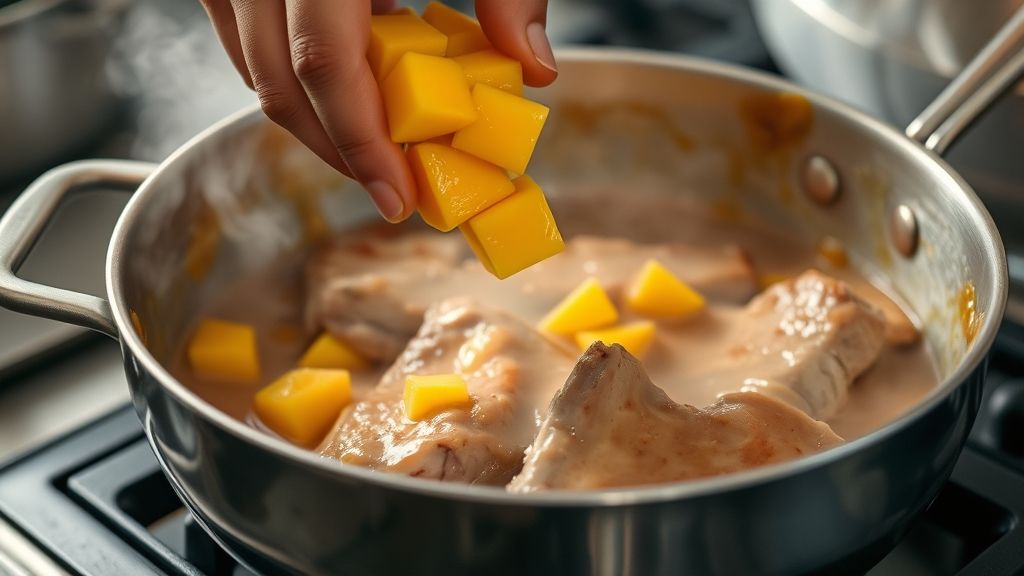 Mãos adicionando pedaços de manga à panela durante o cozimento do molho.