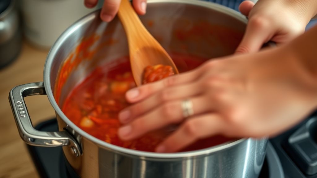 Mãos em ação cozinhando e mexendo o molho vermelho em uma panela sobre o fogão