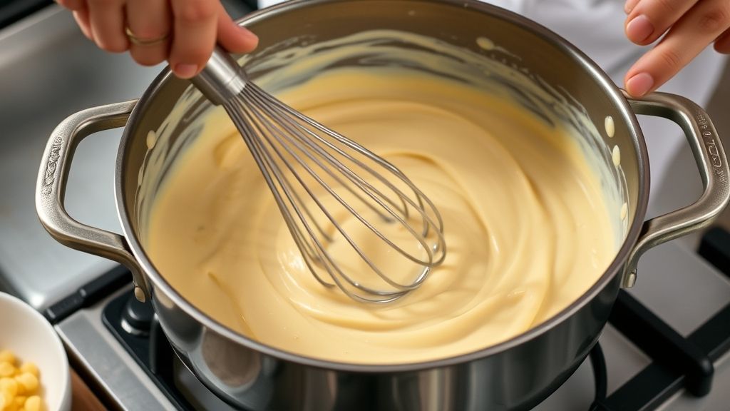 Mãos mexendo o molho branco em uma panela com fouet, durante o preparo do molho cremoso