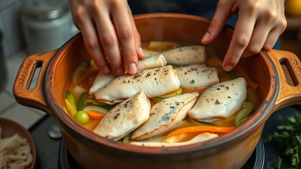 Mãos em ação montando as camadas de legumes e peixe em uma panela de barro