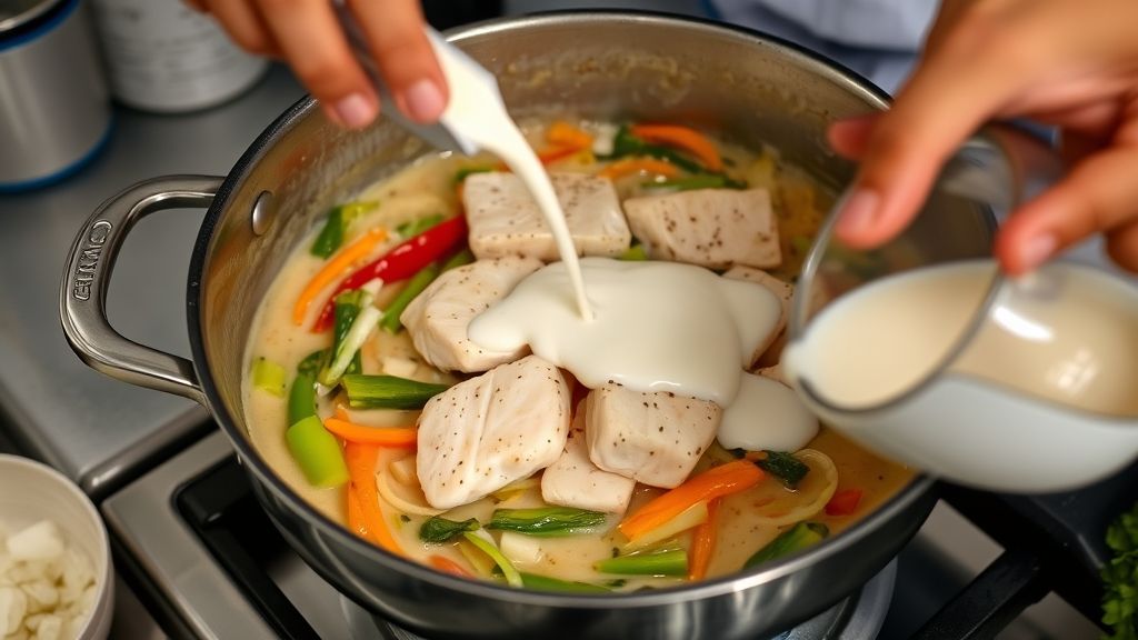 Mãos montando as camadas de peixe e legumes em uma panela larga, com o leite de coco sendo adicionado no preparo.