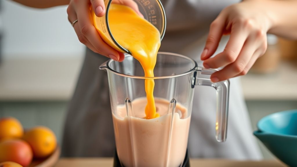 Mãos despejando a mistura de manga no liquidificador durante o preparo da mousse