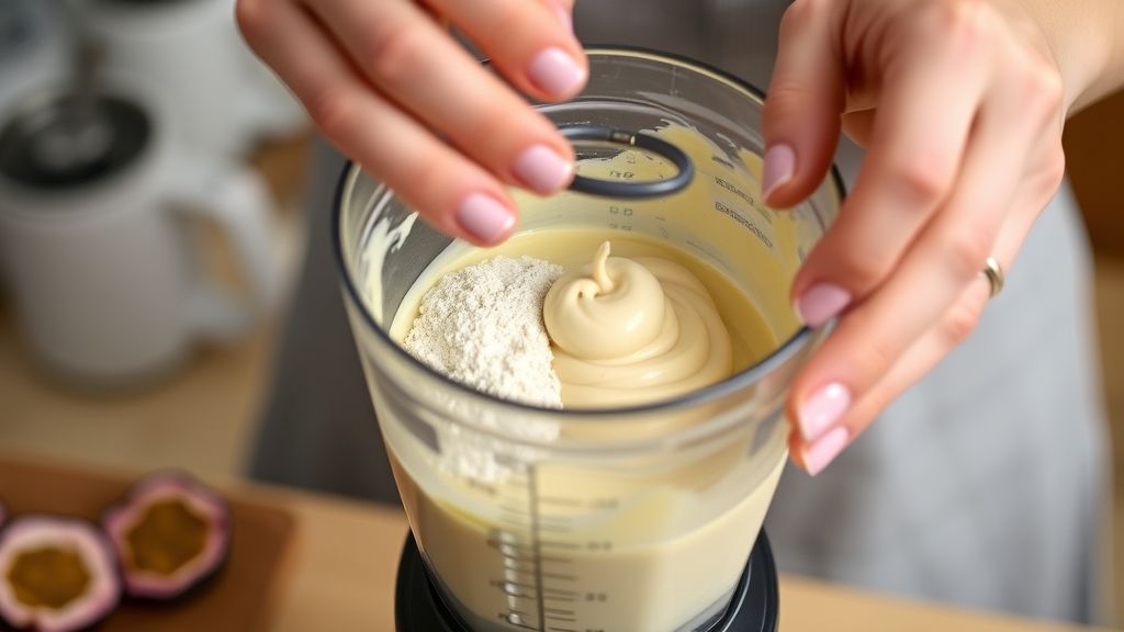 Mãos batendo o mousse no liquidificador, mostrando a textura cremosa se formando