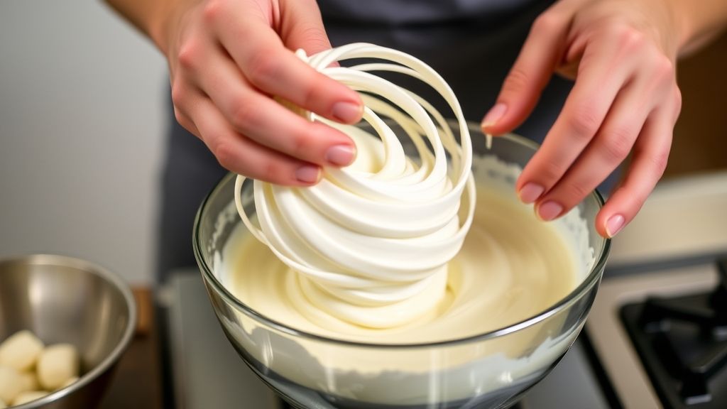 Mãos misturando a clara em neve ao creme de vinho durante o preparo