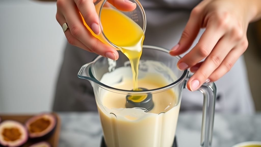 Mãos despejando gelatina dissolvida no liquidificador com creme de maracujá durante o preparo