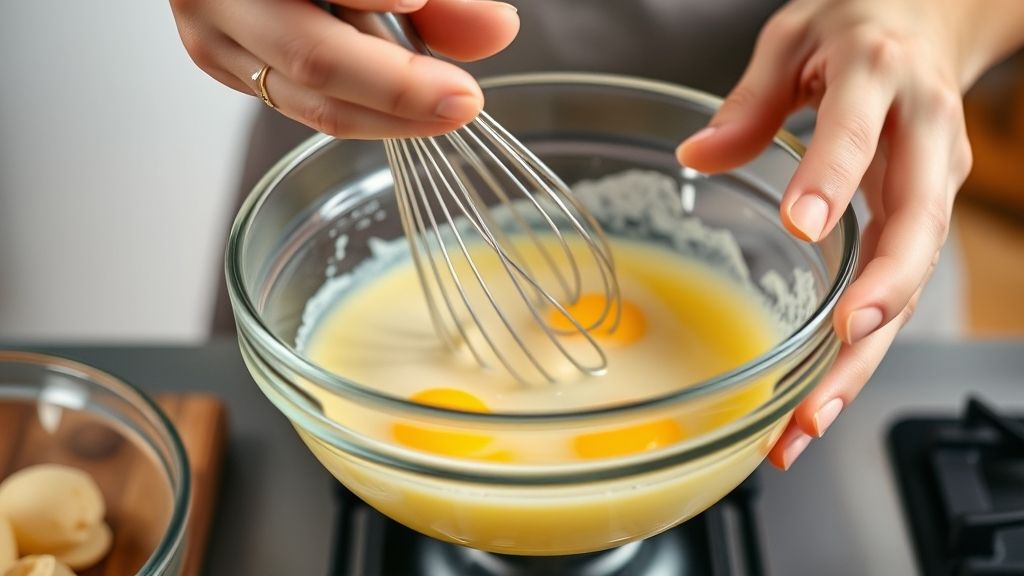 Mãos batendo ovos com fouet em uma tigela de vidro, em ambiente de cozinha iluminado.