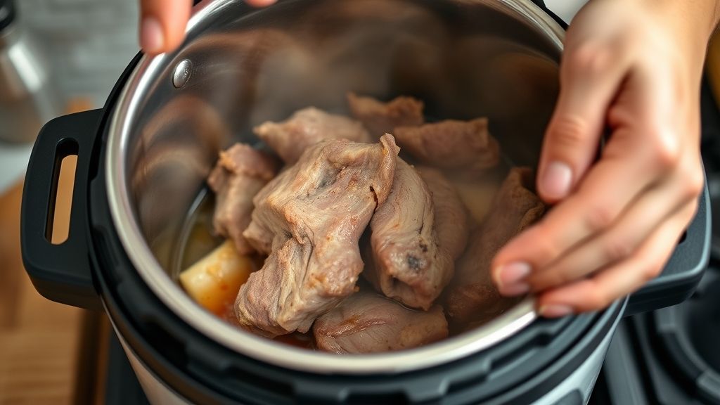 Mãos dourando as rodelas de ossobuco em uma panela de pressão aberta sobre o fogão