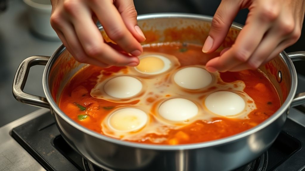 Mãos quebrando ovos sobre molho de tomate em frigideira durante o preparo da receita