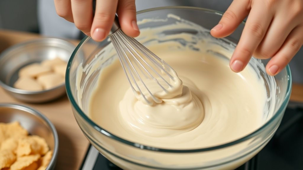 Mãos misturando delicadamente a massa de panquecas com fouet em tigela, mostrando a textura cremosa