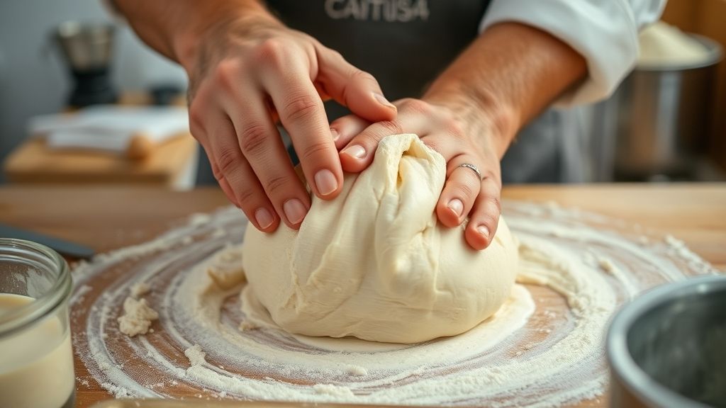 Mãos sovando a massa de pão caseiro durante o preparo