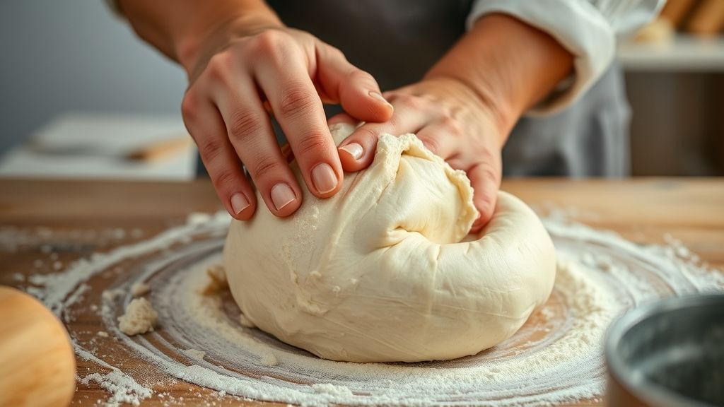 Mãos sovando a massa de pão em bancada enfarinhada durante o preparo.