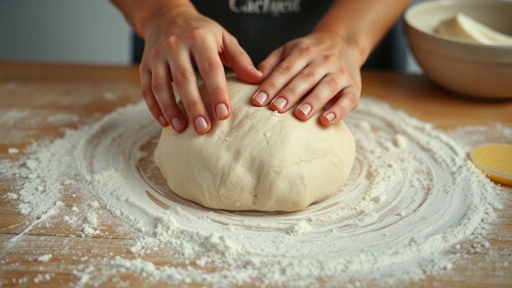 Mãos sovando a massa de pão em bancada enfarinhada durante o preparo.