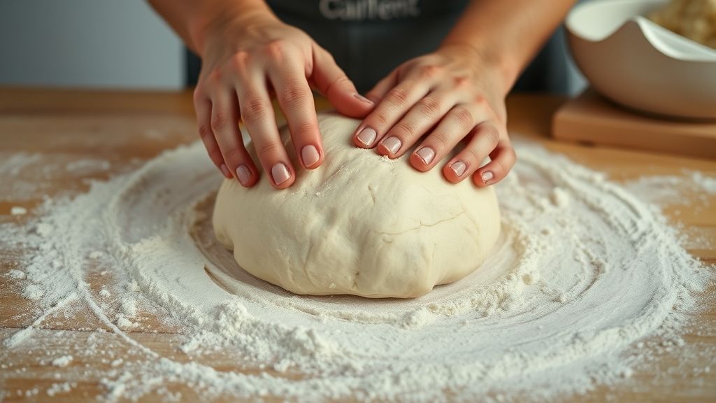 Mãos sovando a massa de pão sobre bancada enfarinhada durante o preparo