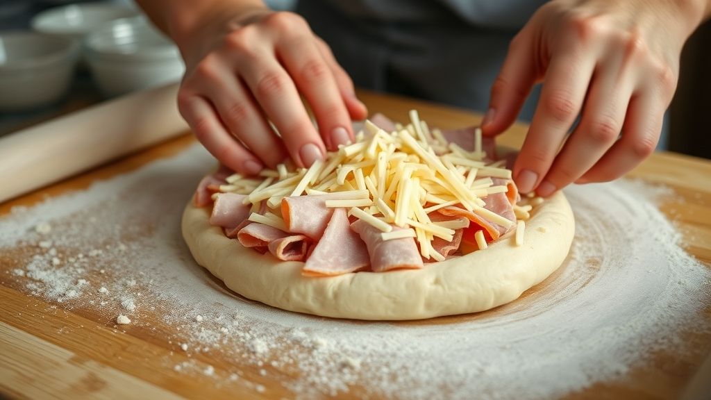 Mãos abrindo a massa com rolo e espalhando o recheio de presunto e queijo.