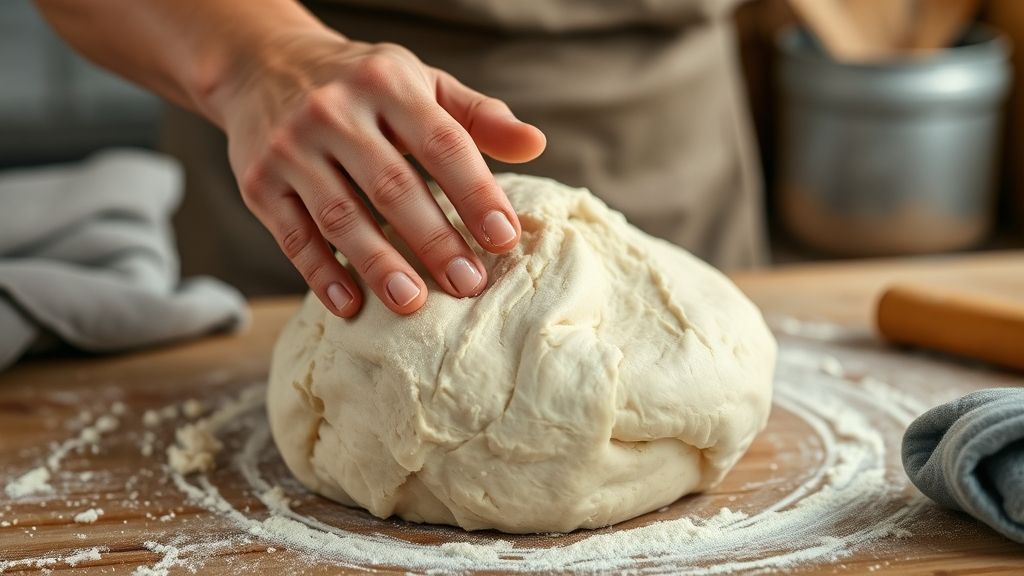 Mãos sovando a massa de pão sobre superfície enfarinhada durante o preparo.
