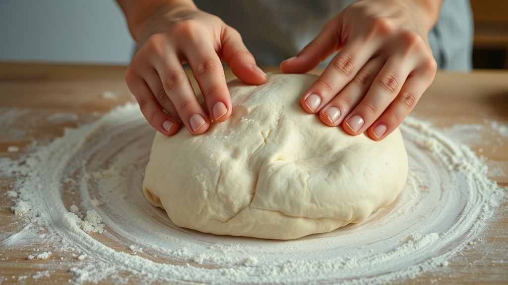 Mãos sovando a massa de pão durante o preparo em uma bancada enfarinhada