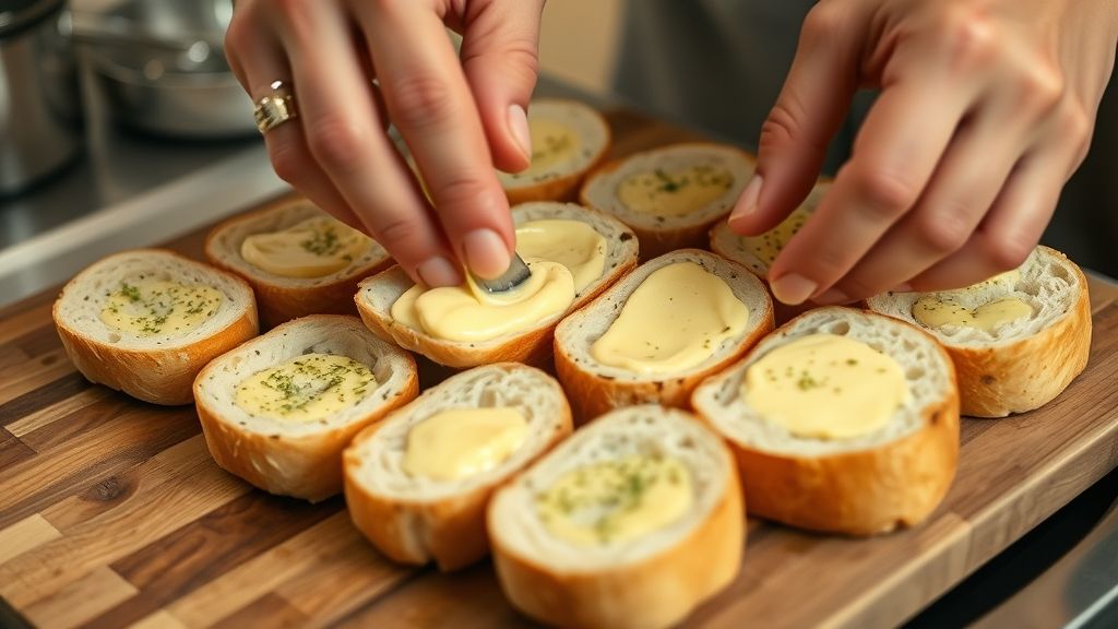 Mãos recheando fatias de pão com creme de alho e manteiga antes de assar ou congelar