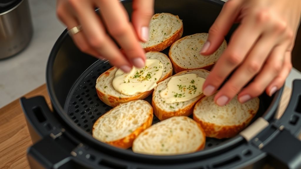 Mãos aplicando a pasta de alho e manteiga nas fatias do pão antes de assar.