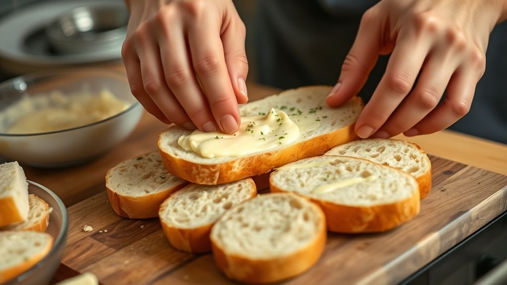 Mãos aplicando o creme de alho nos cortes do pão antes de levá-lo ao forno elétrico