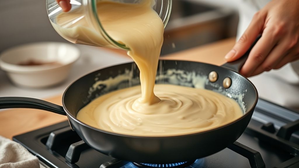 Mãos mexendo a massa de pão em tigela e despejando na frigideira aquecida