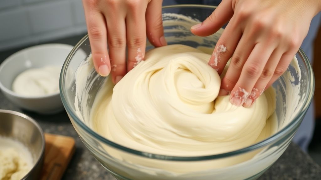 Mãos misturando a massa do pão em uma tigela durante o preparo
