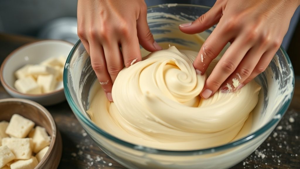 Mãos misturando o polvilho escaldado e o queijo meia cura na tigela durante o preparo da massa