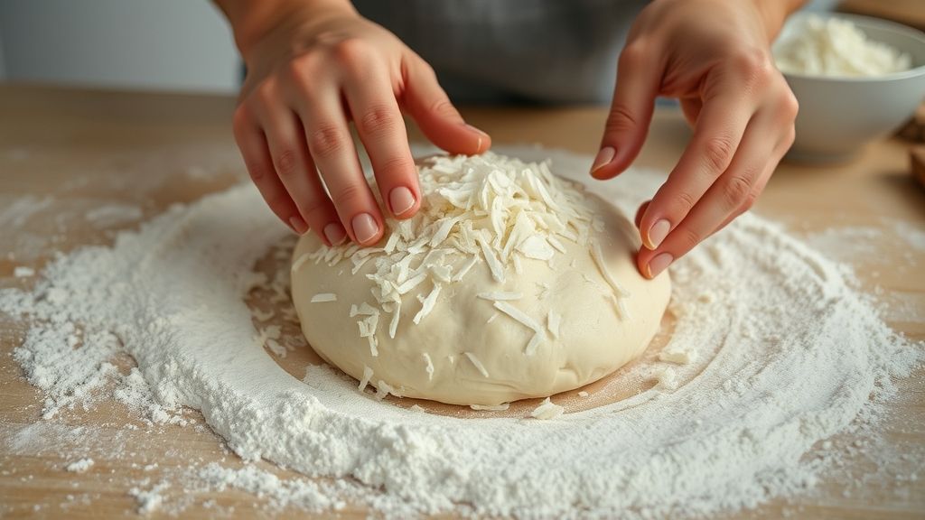 Mãos sovando a massa do pão doce em bancada enfarinhada, mostrando elasticidade e textura