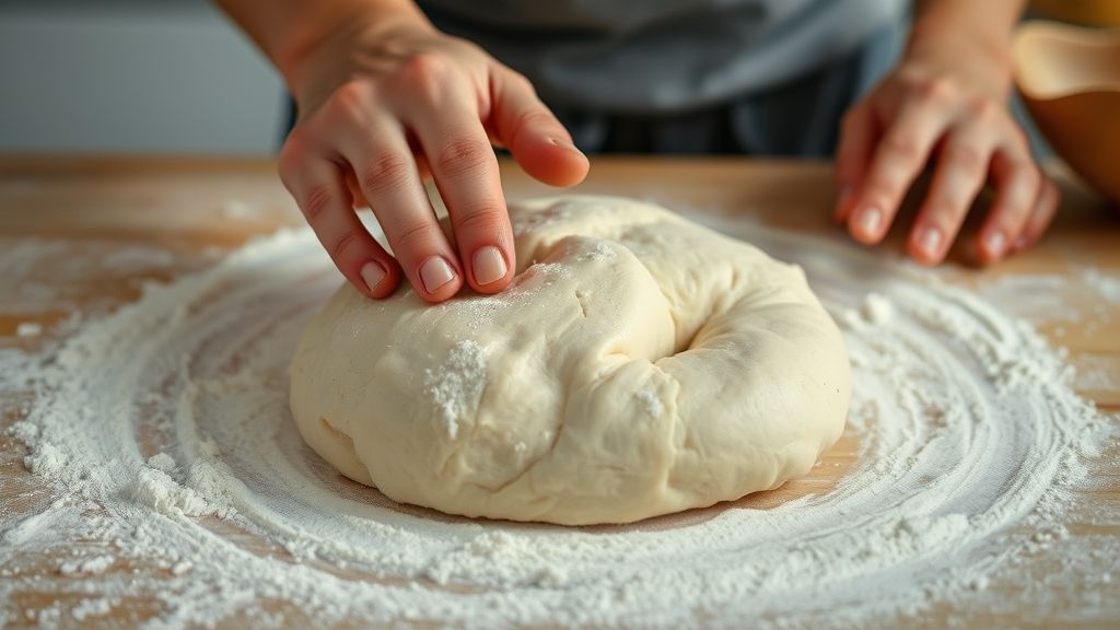 Mãos sovando a massa do pão francês em uma bancada enfarinhada durante o preparo.