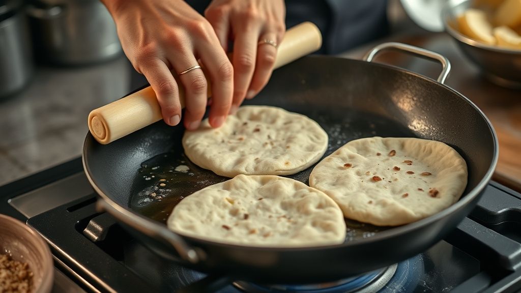 Mãos abrindo a massa com rolo e cozinhando os discos dourados em uma frigideira antiaderente