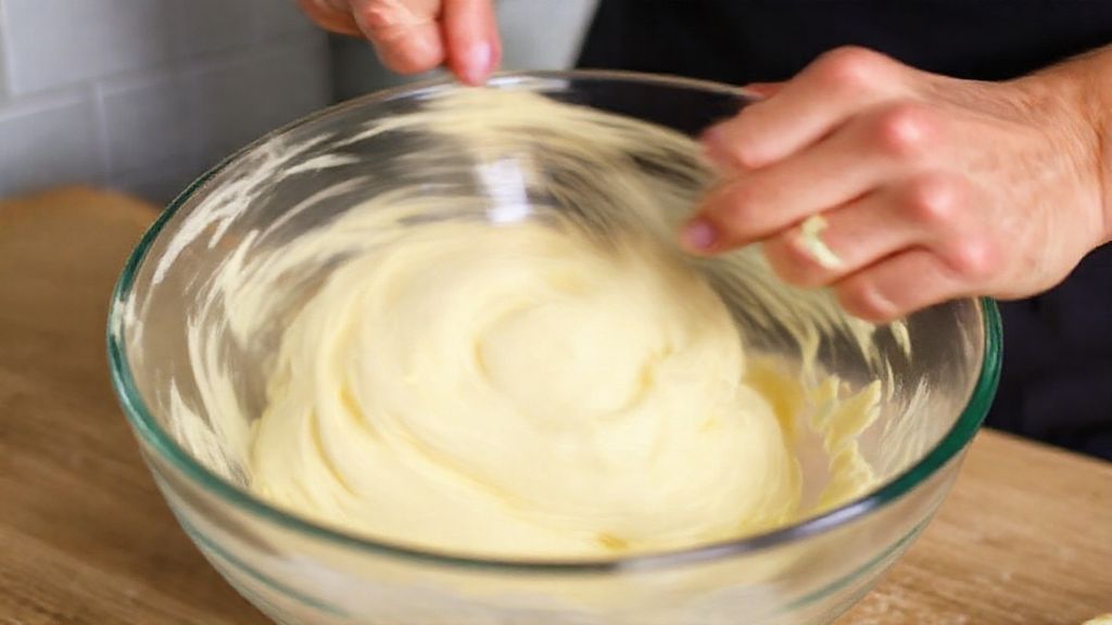 Mãos misturando a massa cremosa do pãozinho em uma tigela antes de modelar