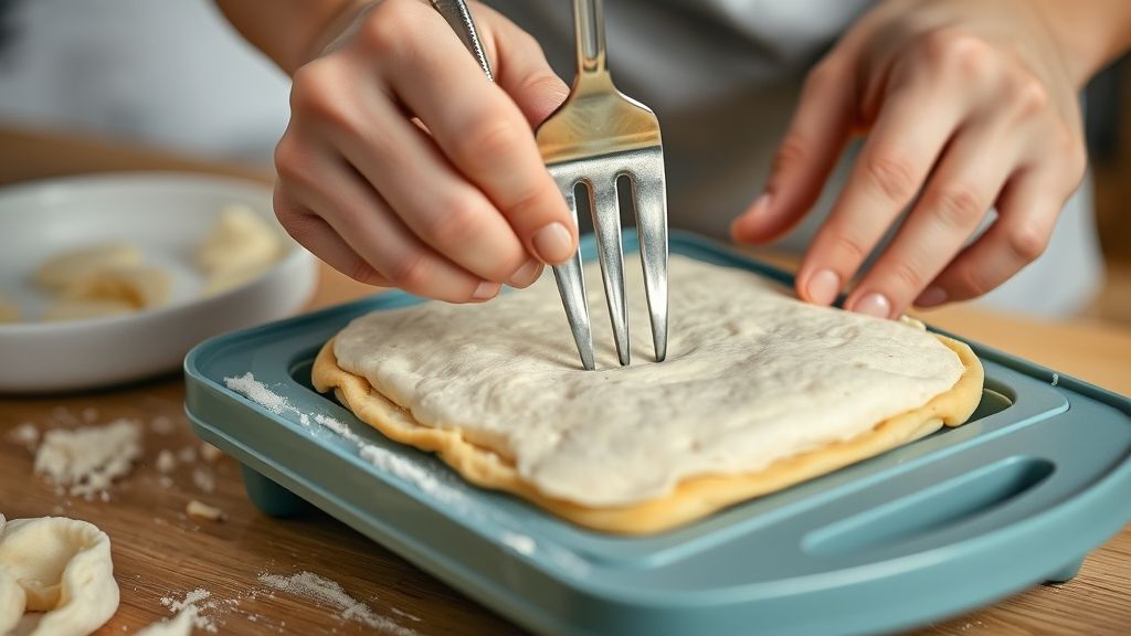 Mãos recheando e fechando o pastel com um garfo antes de colocá-lo na sanduicheira