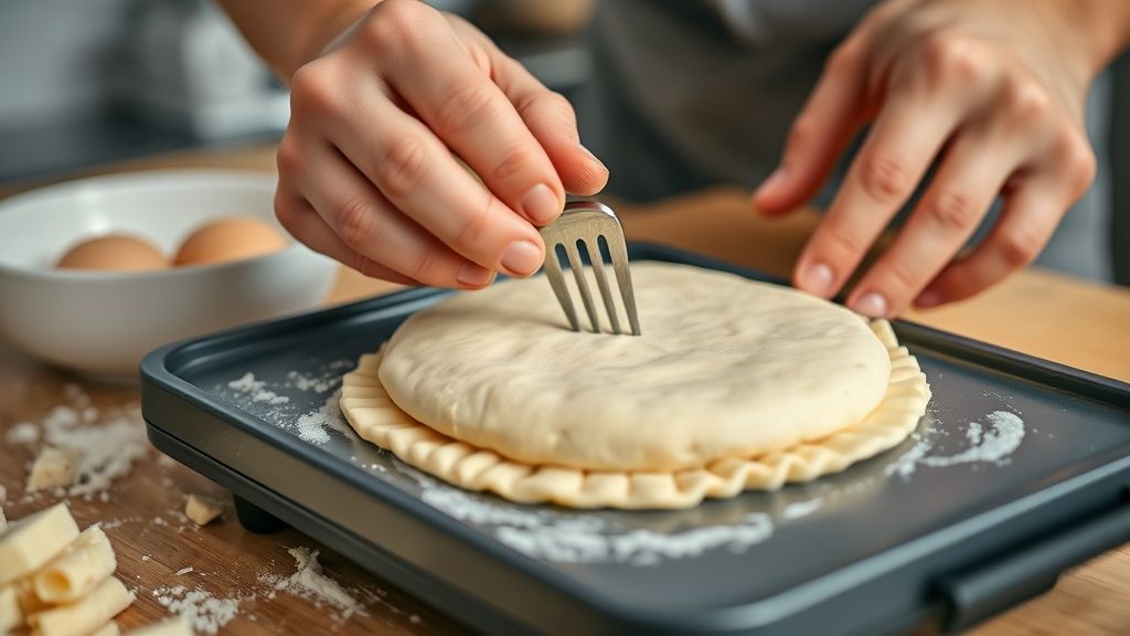 Mãos fechando o pastel e pressionando bordas com garfo antes de colocar na sanduicheira.