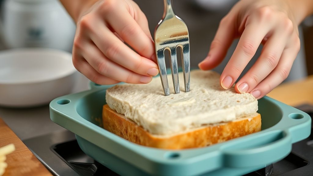 Mãos montando o pastel e pressionando as bordas com um garfo antes de levar à sanduicheira