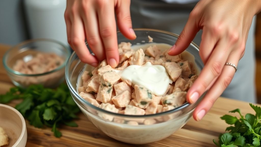 Mãos misturando atum e iogurte em tigela com colher de madeira durante o preparo