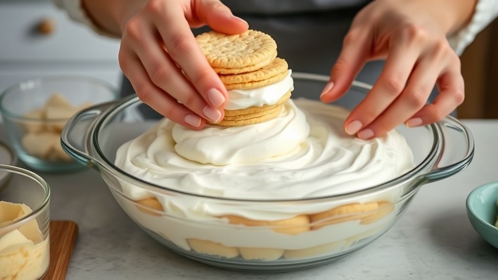 Mãos alternando camadas de creme e biscoito em refratário de vidro, durante o preparo da sobremesa