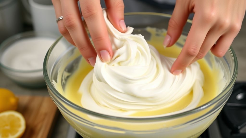 Mãos misturando creme de limão e chantilly em uma tigela durante o preparo do pavê