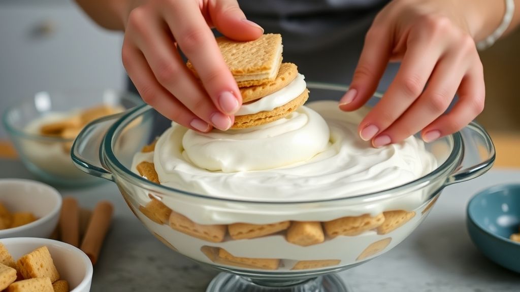 Mãos montando as camadas do pavê em um refratário transparente