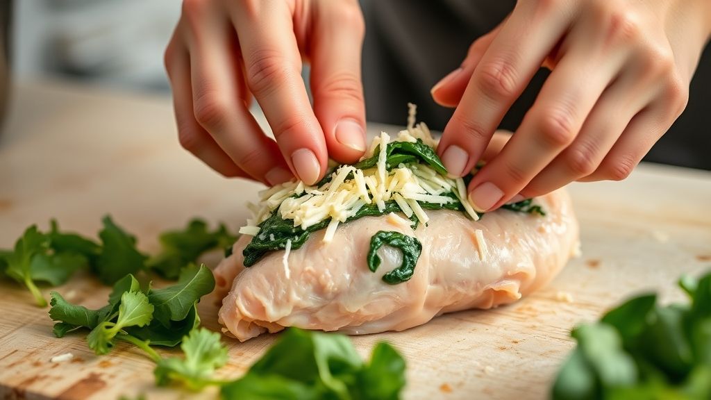 Mãos recheando o peito de frango com queijo e espinafre antes de selar na frigideira