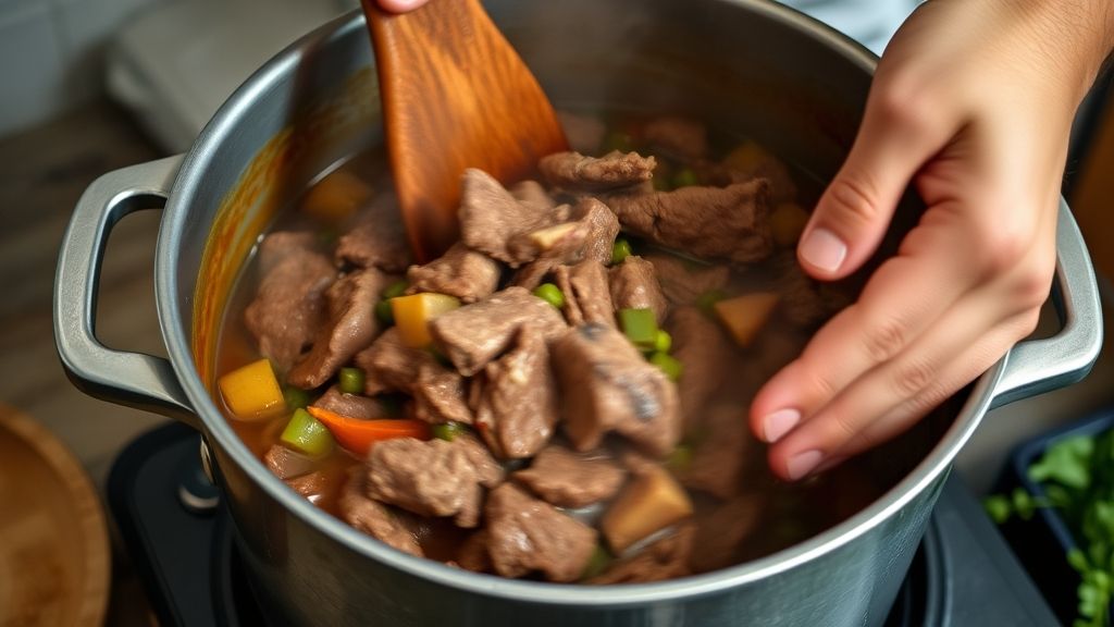 Mãos temperando e mexendo carne na panela durante o refogado da receita