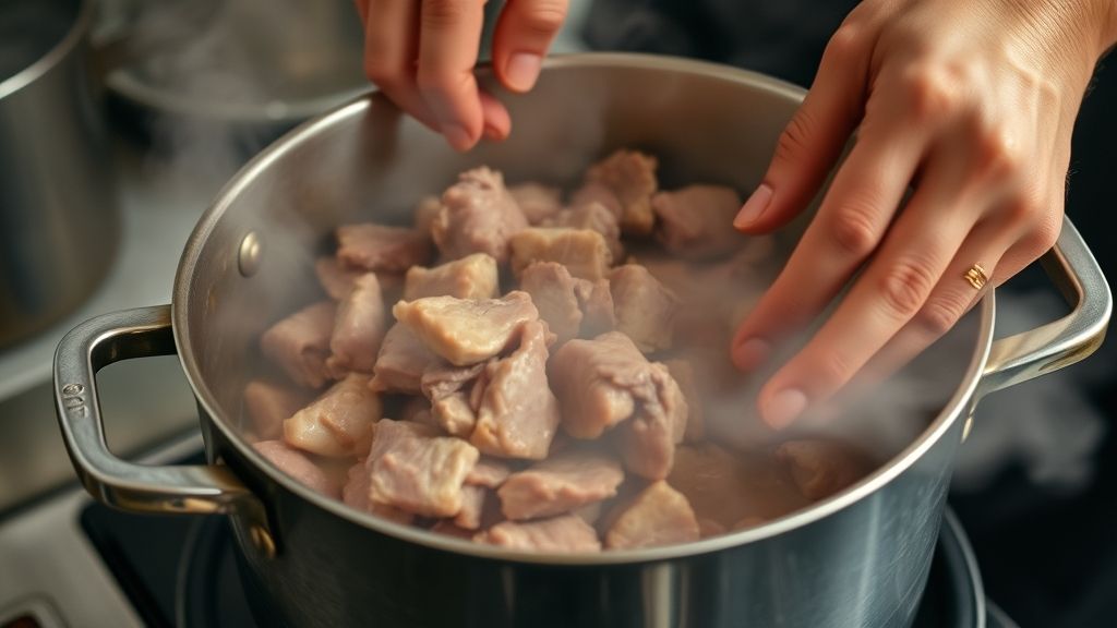 Mãos refogando carne de porco na panela, mostrando a etapa de dourar para selar os sabores