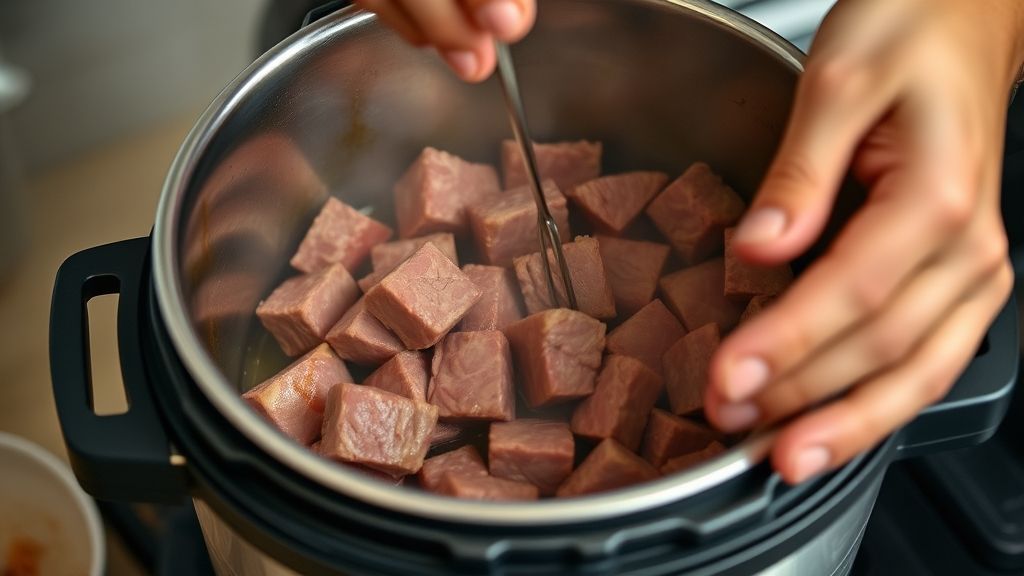 Mãos dourando cubos de músculo em panela de pressão durante o preparo do picadinho