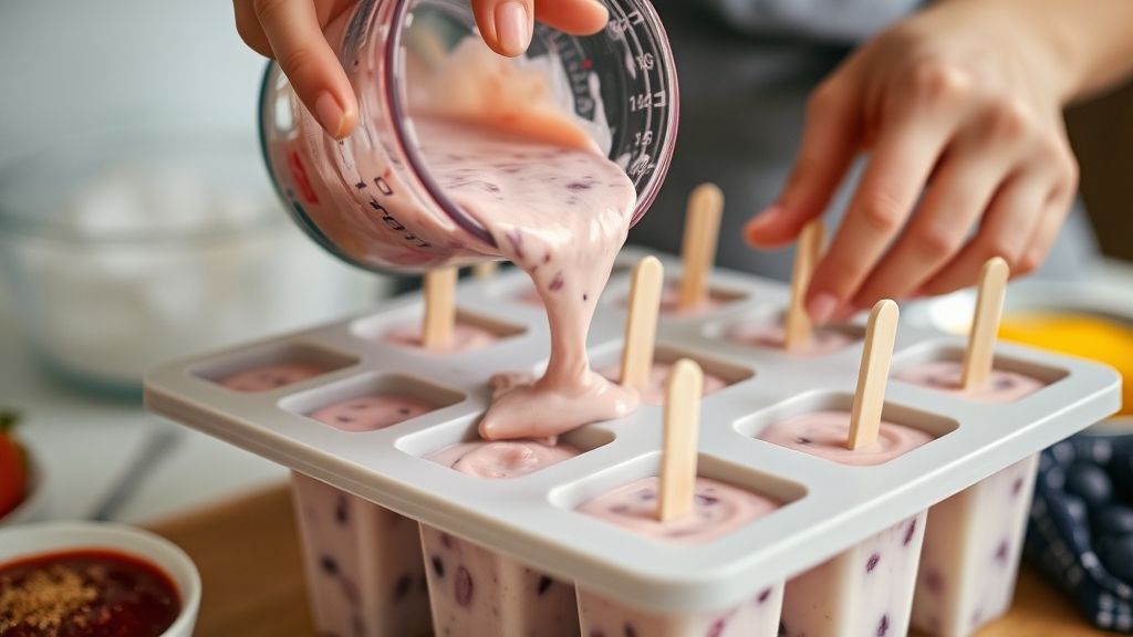 Mãos despejando a mistura cremosa de frutas e leite condensado em forminhas de picolé.